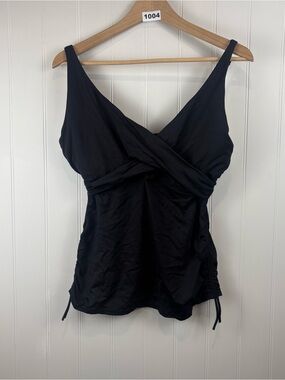 Black Ruched Tankini Top Adjustable Straps Side Tie Swimwear Minimalist Chic M/L